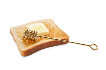 Tasty toasted bread with butter and honey on white background