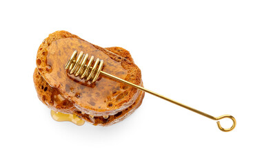 Delicious toasted bread with honey on white background