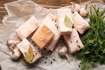 Parchment with pieces of salted lard on wooden background