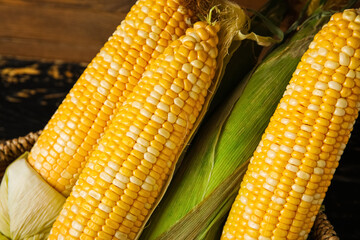 Wicker basket with fresh corn cobs, closeup
