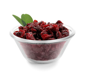Bowl with tasty dried cranberries on white background