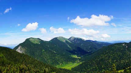 Fototapeta na wymiar Wank mountain peaks near Garmisch-Partenkirchen, Bavaria. View from above of the surrounding landscape with mountains.