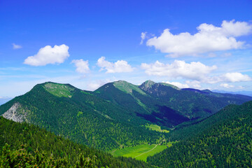 Fototapeta na wymiar Wank mountain peaks near Garmisch-Partenkirchen, Bavaria. View from above of the surrounding landscape with mountains.