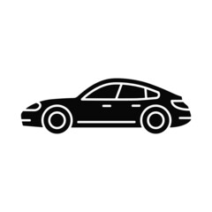 Fototapeta na wymiar Sports sedan black glyph icon. Luxury passenger vehicle. Four-door sports automobile. Performance-focused car. Auto with sporty handling. Silhouette symbol on white space. Vector isolated illustration