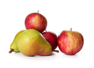 Ripe pears and apples on white background