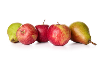 Ripe pears and apples on white background
