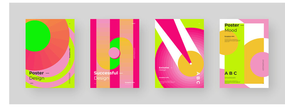 Abstract set Placards, Posters, Flyers, Banner Designs. Colorful illustration on vertical A4 format. Original geometric shapes composition. Decorative minimal backdrop.