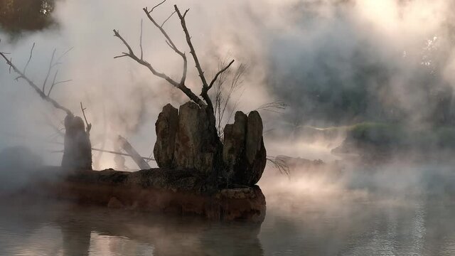 mysterious, mystical landscape, driftwood, fallen tree in middle of water, fog illuminated by sunlight, among old eerie silhouettes in dark magic forest in foggy twilight. Close-up