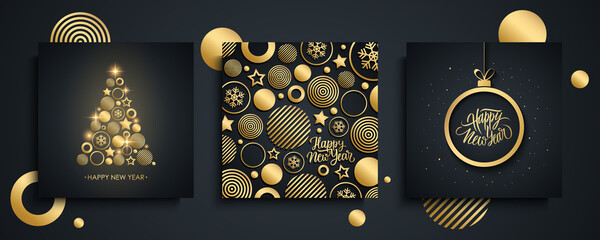 Obraz na płótnie Canvas Happy New Year luxury greeting cards set. New Year holiday invitations templates collection with golden christmas tree, hand drawn lettering and gold christmas ball. Vector illustration.