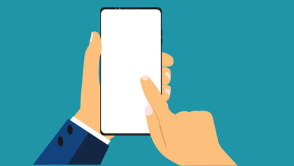 blank screen for text.touching phone with finger.
 smartphone in hand blank white screen vector design eps 10.