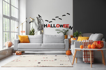 Stylish interior of room decorated for Halloween party
