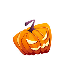 Halloween pumpkin with happy scary face on white isolated background for your design. Vector cartoon Illustration in game style for banner or app.