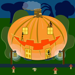 Pumpkin for the holiday of Halloween, with windows and doors, skeletons walk on the pumpkin, around trees, mushrooms.