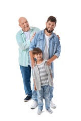 Happy man, his little son and father on white background