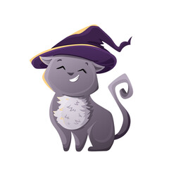 Halloween Cat Costume Party. Cute cat in a witch hat for your design isolated on white background. Vector cartoon illustration in game style