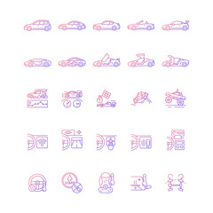 Auto racing gradient linear vector icons set. Driving sports cars. Innovative tech features. Advanced automotive technology. Thin line contour symbols bundle. Isolated outline illustrations collection