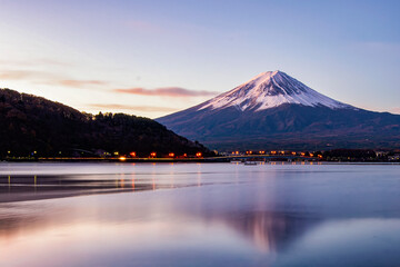 Fuji mountain and Kawaguchiko Ohashi Bridge at Sunrise, Kawaguchiko Lake, Japan