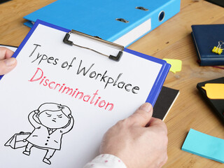Types of Workplace Discrimination is shown on the business photo using the text