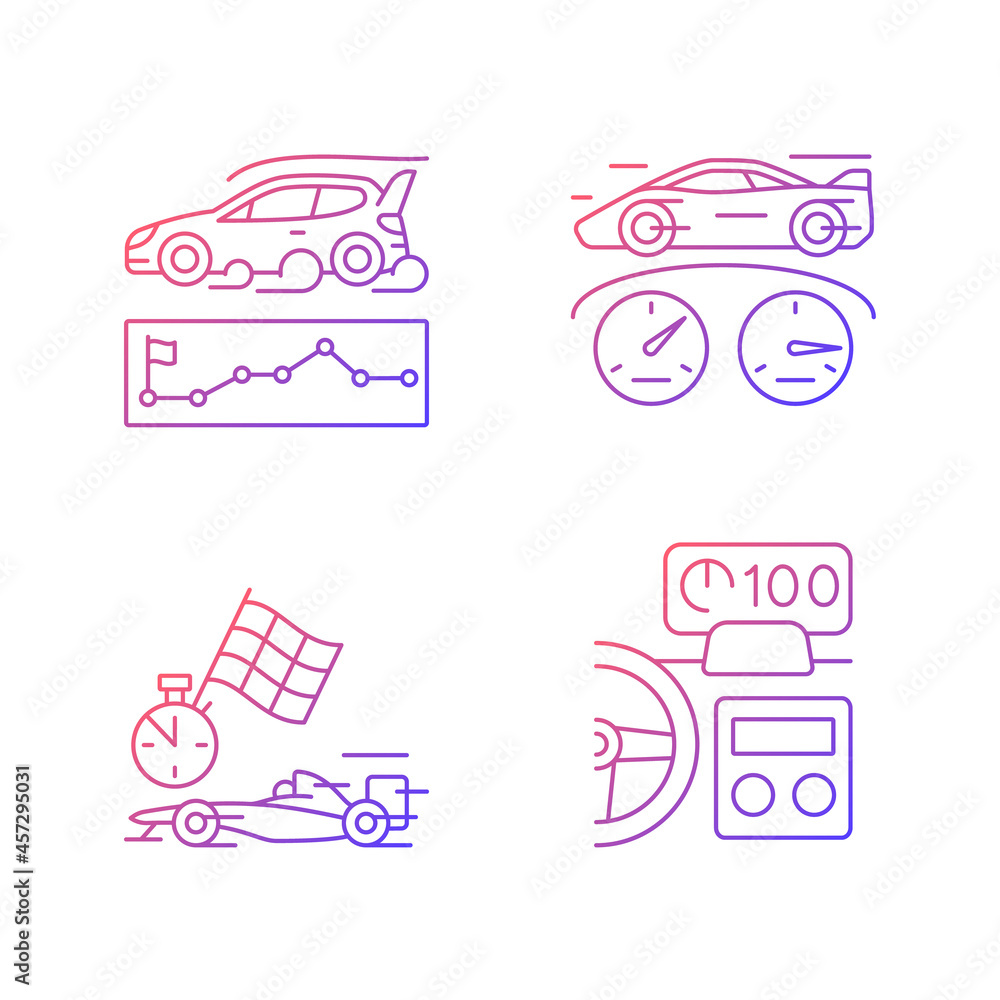 Poster automobiles racing for competition gradient linear vector icons set. rallying event. test car limits