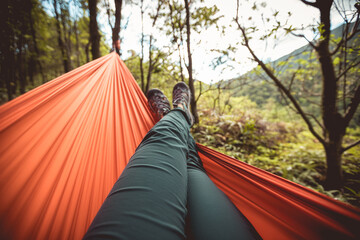 Relaxing in hammock in tropical forest