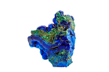 Macro mineral stone malachite with azurite on white background