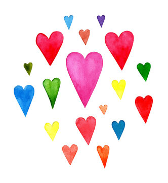 Watercolor hearts pictures, hand painted multicolored washings, wet wash texture watercolor, heart symbol on white background, blue, pink, red, yellow, green background for love letters.