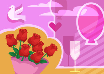 Wedding banner with bouquet of roses. Postcard design in cartoon style.