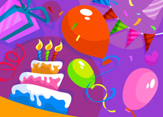 Happy Birthday banner with cake and decorations. Holiday postcard design in cartoon style.
