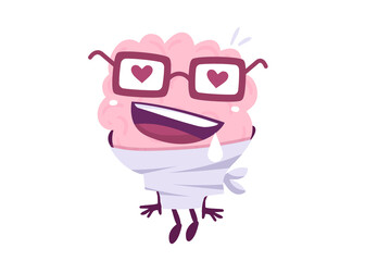 Vector Creative Illustration of Crazy Pink Human Brain Character in Glasses with Heart on White Background. Flat Style Education Concept Design of Brain in Love in Straitjacket