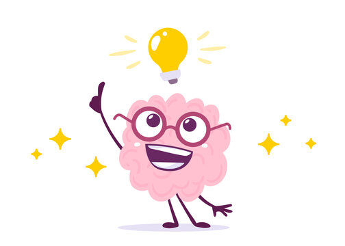Vector Creative Illustration of Pink Human Brain Character in Glasses with Light Bulb on White Background. Flat Doodle Style Knowledge Concept Design of Happy Brain and Idea