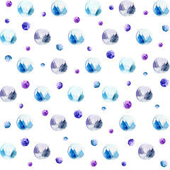 Seamless pattern with fir trees watercolors and bright abstract snow balls. Blue and purple on white background. Winter and Christmas decoration design