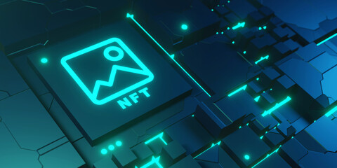 Non fungible token and crypto art concept. Technology background. 3d render illustration