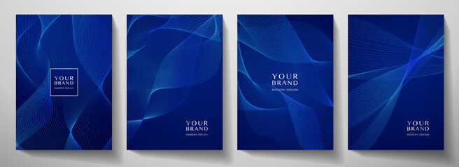 Contemporary technology cover design set. Luxury background with blue line pattern (guilloche curves). Premium vector tech backdrop for business layout, digital certificate, formal brochure template