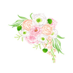 Watercolor flower bouquet illustration. Hand painted floral arrangement isolated on white background. Elegant blush, white and pink flower heads with leaves for wedding invitations, cards