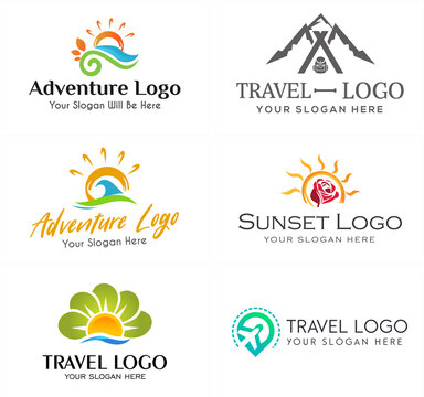 Travel adventure sea mountain plane logo design
