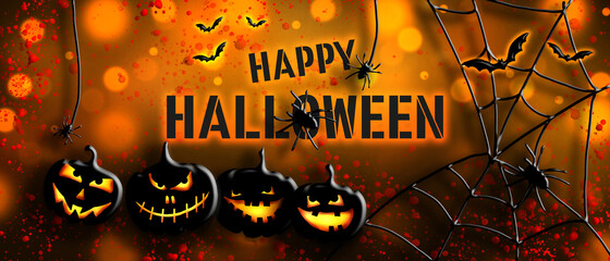 Halloween banner. Orange halloween illustration with scary pumpkins, spiders, spider webs and bats. Halloween countdown.