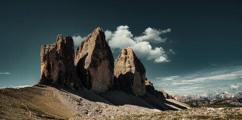 View of the north faces of the Three Peaks, Italy. Three Peaks of Lavaredo.