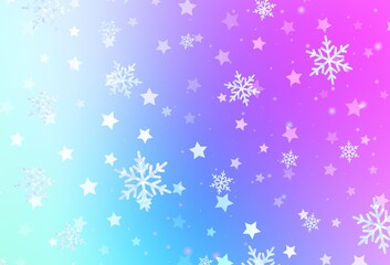 Light Pink, Blue vector layout with bright snowflakes, stars.