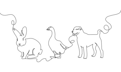 Domestic animals one line set. Continuous line drawing of goose, dog, rabbit, hare.