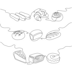 Baked goods one line set art. Continuous line drawing of eclair, pie, cinnabon, donut, pretzel, bun.