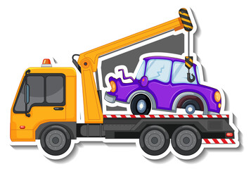 Fototapeta na wymiar Sticker design with side view of tow truck isolated