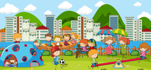Outdoor scene with many kids playing in the park
