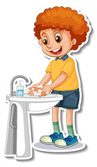 A sticker template with a boy washing hands