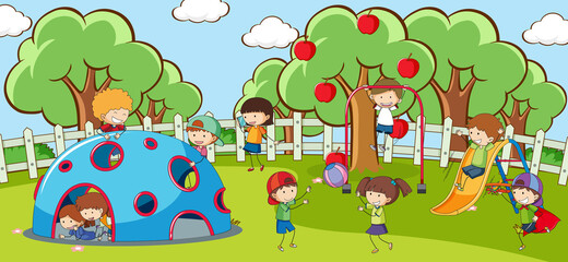 Outdoor scene with many kids playing in the park