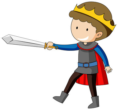 Simple cartoon character of king holding sword isolated