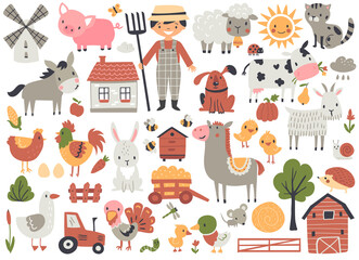 Farmhouse and farm animal set with horse, cow, pig, sheep, chicken, and others. Hand drawn vector illustration.