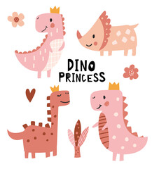 Princess dinosaur poster. Cute pink dino girls. Childish print for nursery, kids apparel, invitation, postcard. Vector Illustration