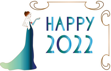 Happy 2022 in Art Deco, Jugendstil, mit Frau im Abendkleid in Blau, tiefer Rückenausschnitt, Illustration