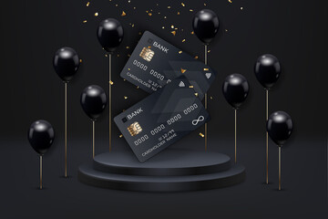 Black credit cards on podium. Black Friday sale poster with realistic balloons, debit cards and confetti on black background. Black Friday sale label. Design element for banners, flyers, cards