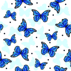 seamless pattern blue butterfly with black circle ornament, pattern art butterfly for wallpaper_fabric textile_social media background and website